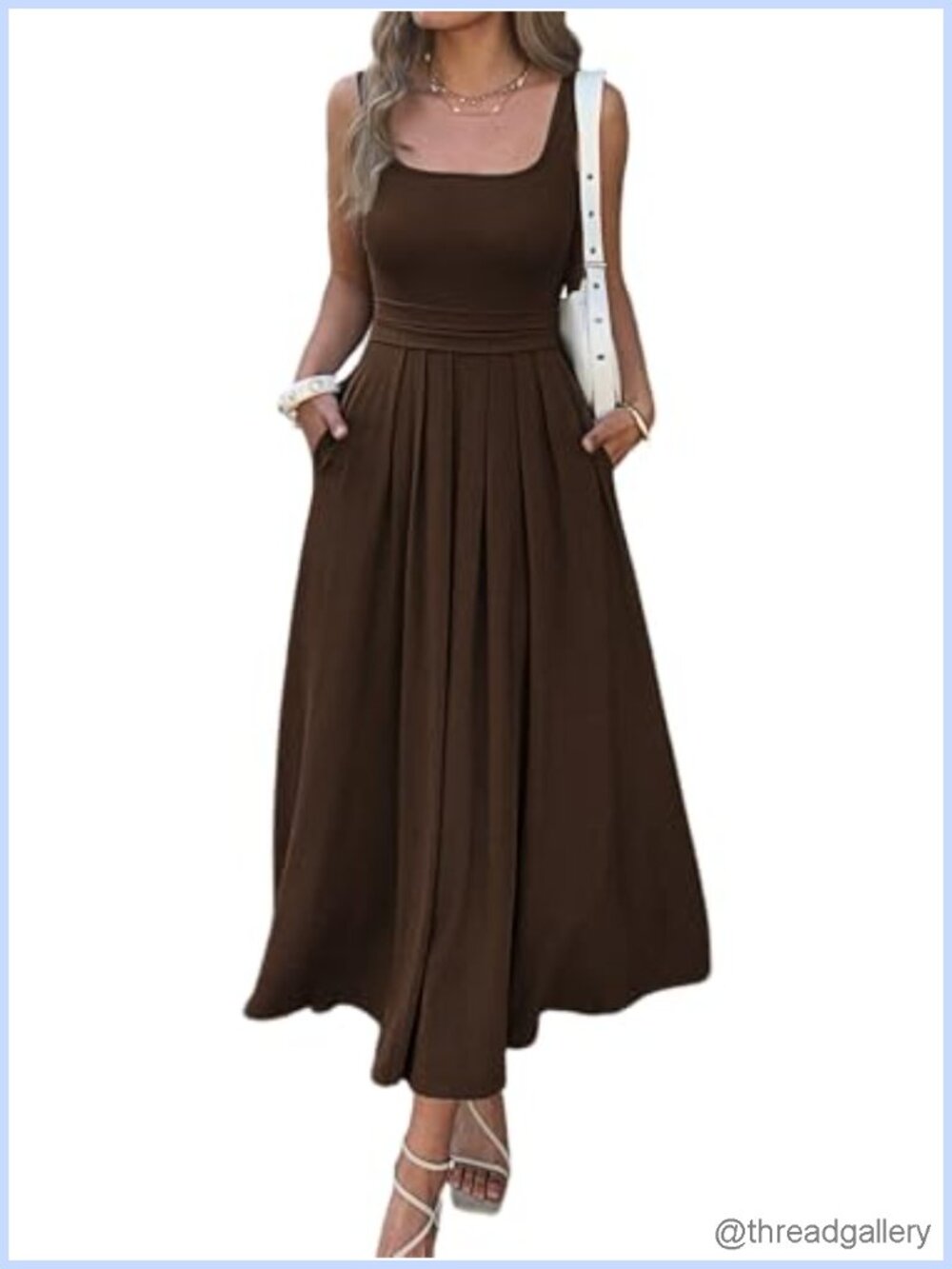 Women's Square Neck Sleeveless A-Line Maxi Dress with Pockets